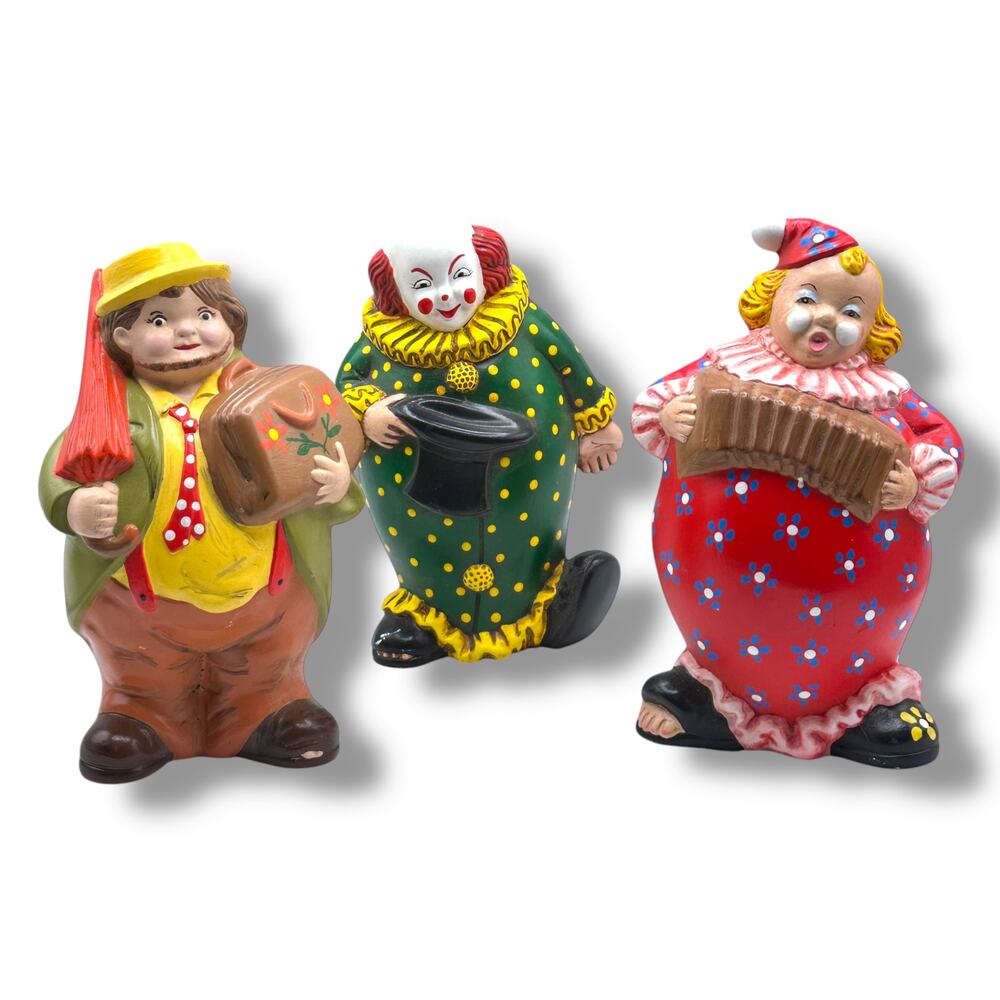 x3 Vintage Clown Figurines - Hand painted Greenware Kitsch